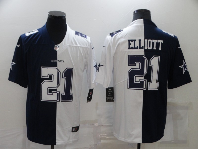 2021 Men Dallas cowboys #21 Elliott Blue white Half version Nike NFL Jerseys->dallas cowboys->NFL Jersey